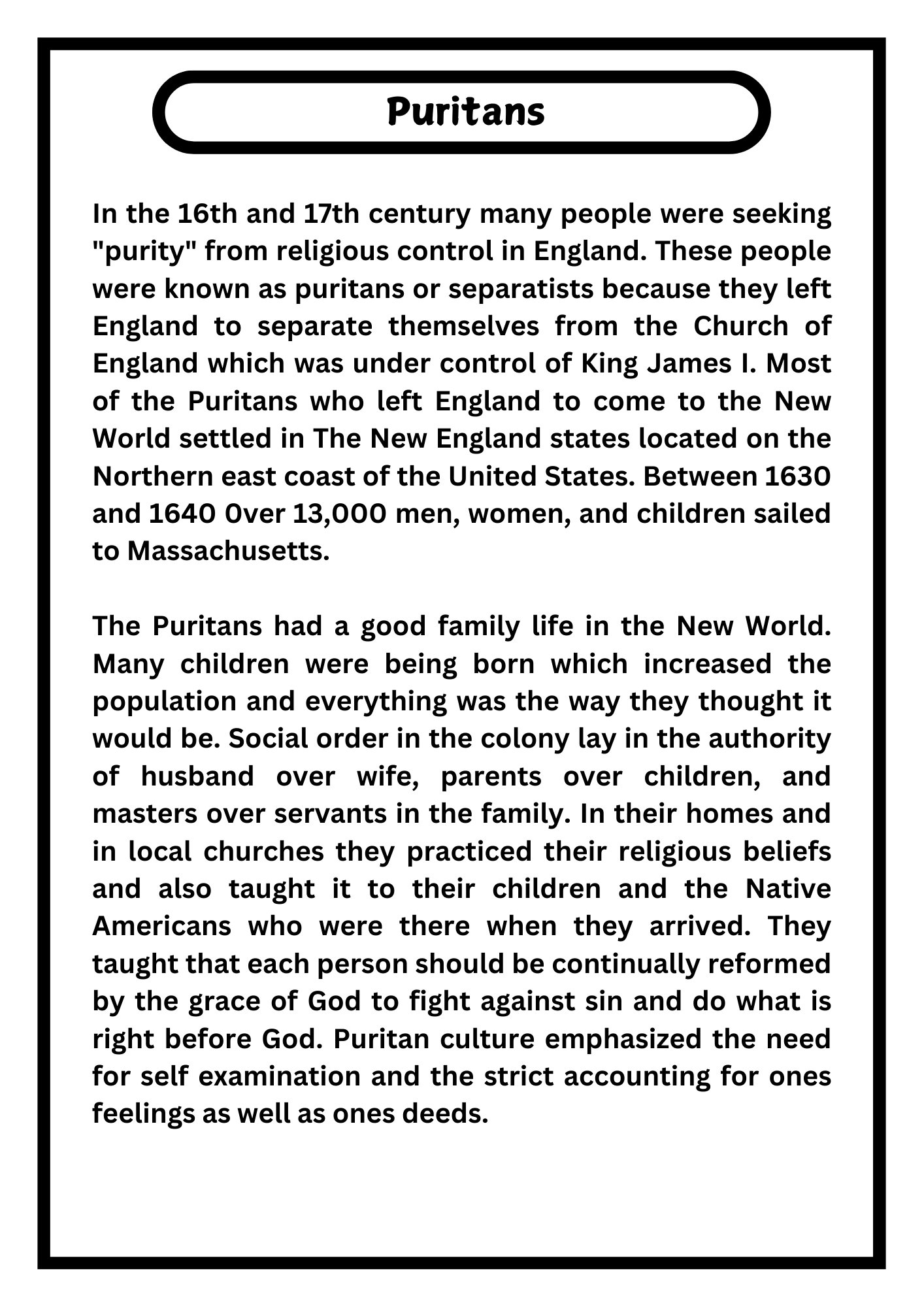 Puritans READING COMPREHENSION PASSAGE AND QUESTIONS | PRINTABLE PDF product image (2)