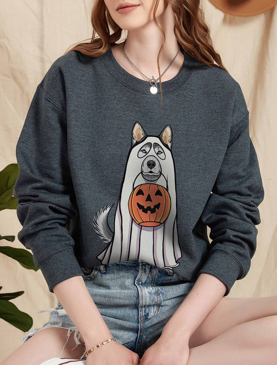 Funny Halloween Siberian Husky Sweatshirt | Funny Husky Wearing a Ghost Costume and Holding a Pumpkin Basket product image (5)