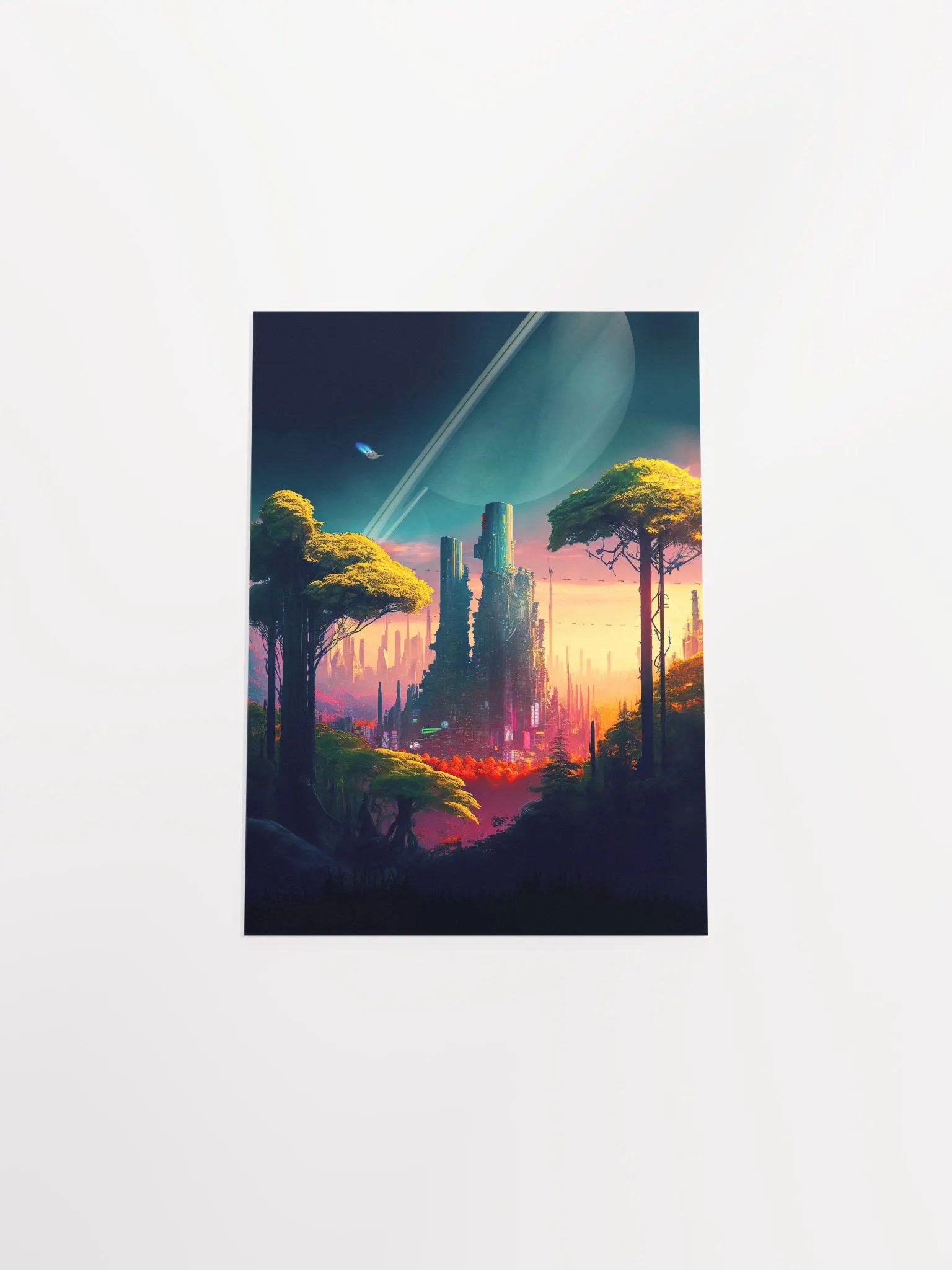 Neon cyberpunk city in a forest in orbit around Saturn (Star Wars/Blade Runner style) — surreal space collage art, futuristic sci-fi collage product image (9)