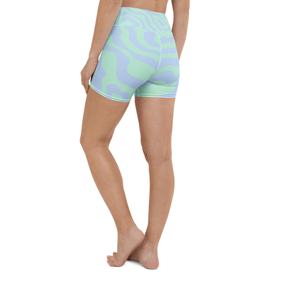 All-Over Print Yoga Shorts | with Inside Pocket | BRN.2C.C.™ | Coastal-Inspired Activewear | Vibrant Pink Logo on Wavy Pastel Stripes product image (1)