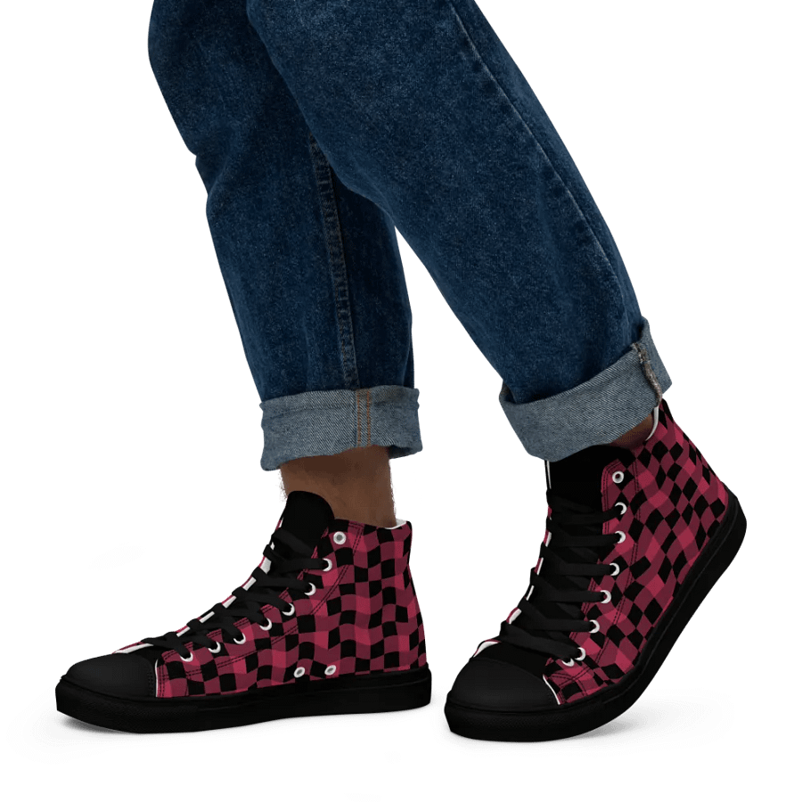Magenta and Black Warped Checker Men's High Top Canvas Shoes product image (8)