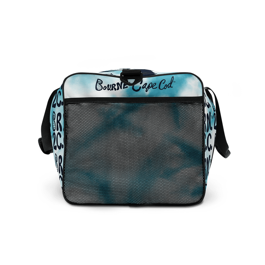 BOURNE to Cape Cod™ | Duffle Bag | BRN.2C.C.™ | Coastal Gym & Travel Gear | 22" All-Over Print Weekender | Navy Blue Logos on Blue Tie-Dye product image (7)
