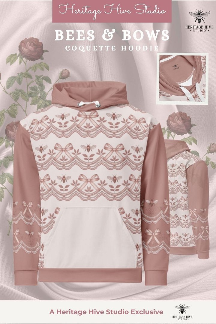 Bees and Bows Dusty Pink Hoodie | Coquettecore Style product image (1)