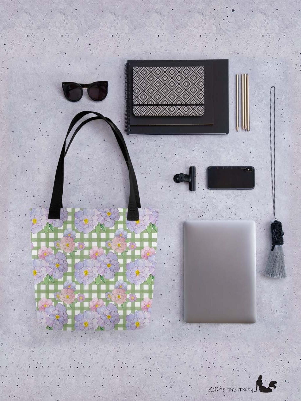 Gingham Blossoms - Med Lavender Flowers on Green Gingham product image (4)
