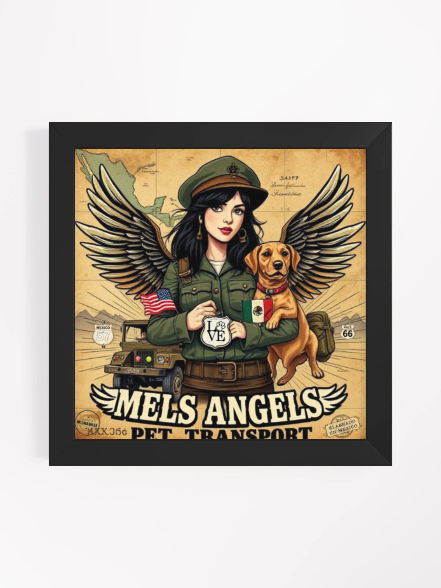 Mel’s Angels Vintage Pet Transport Framed Poster – Winged Rebel Dog Art, Route 66 Military Pin-Up Print product image (2)