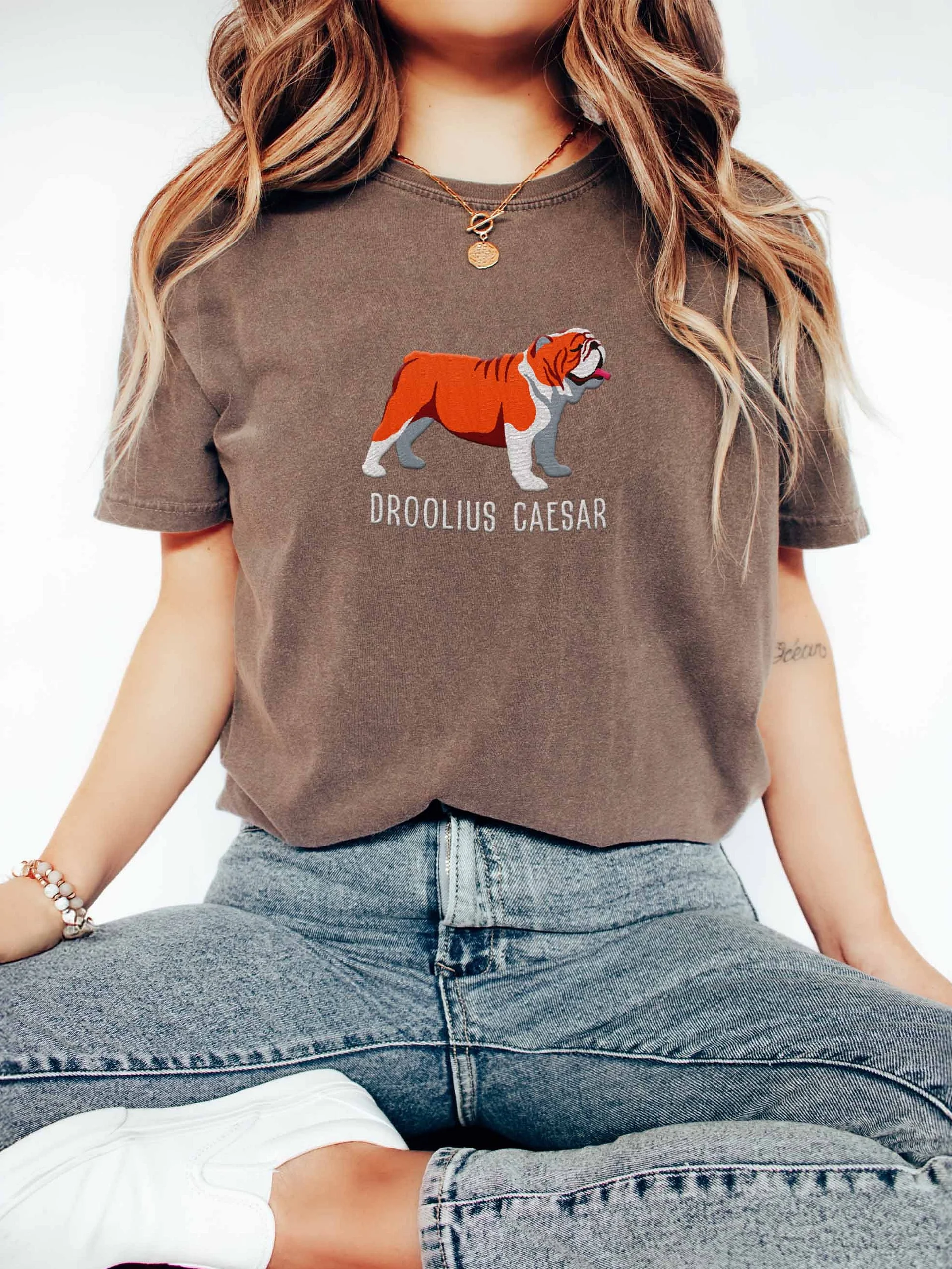 Droolius Caesar T-Shirt(Embroidered) of an English Bulldog(Red & White) product image (2)