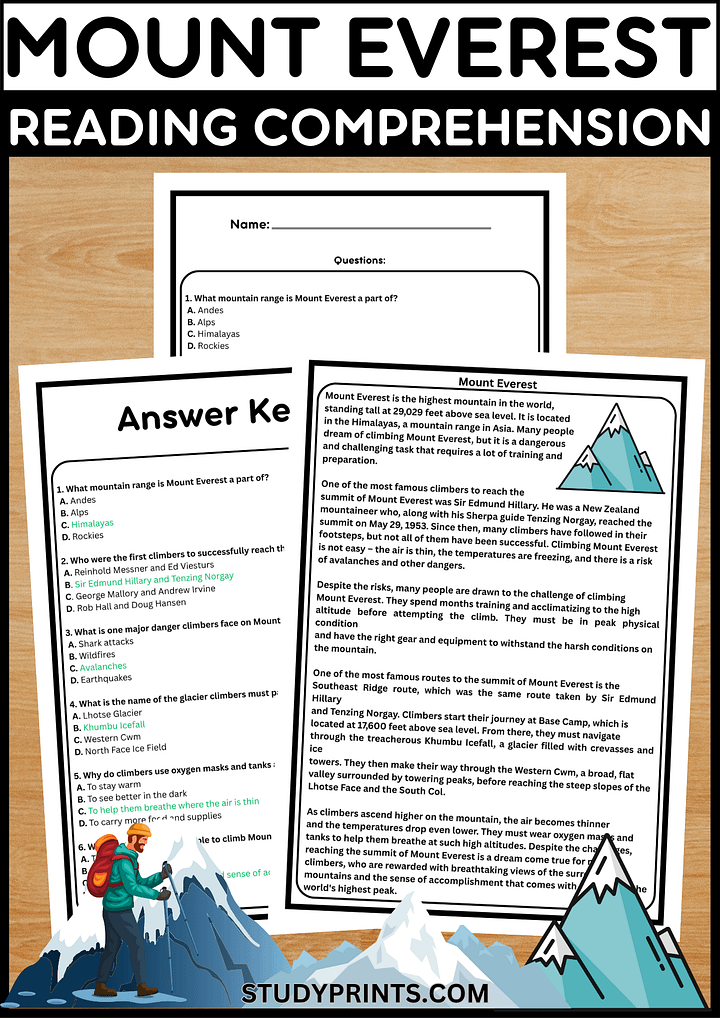 Mount Everest Eeading Comprehension Worksheets product image (1)