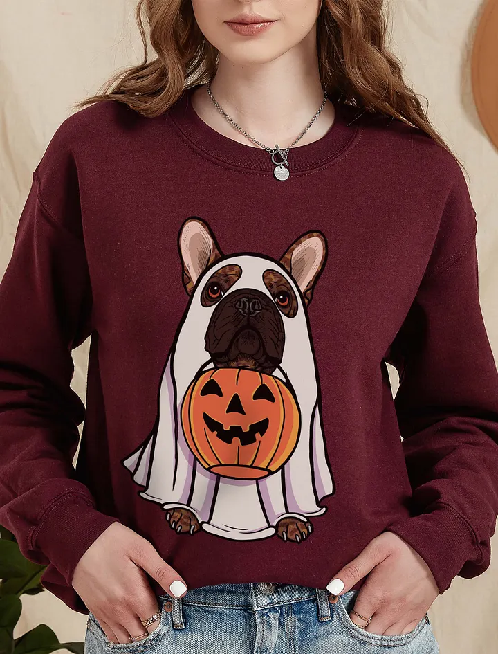 Funny Halloween French Bulldog(Brindle) Sweatshirt | Funny Frenchie Wearing a Ghost Costume and Holding a Pumpkin Basket product image (10)