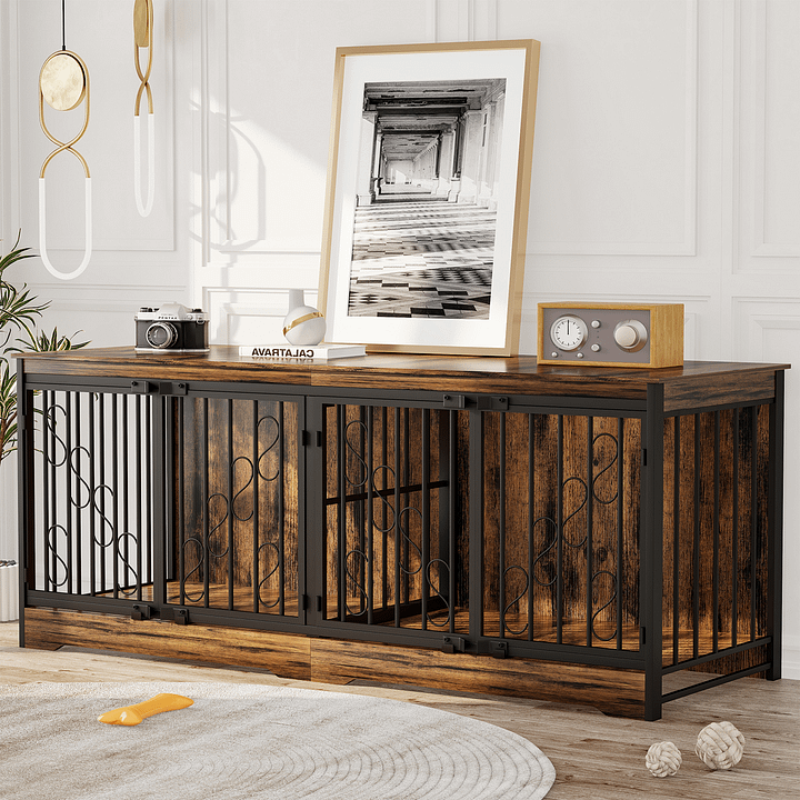 71 Inch Double Dog Crate Furniture, Extra Large Dog Kennel Indoor for 2 Dogs, Heavy Duty Wooden Dog House with Divider, Pet House Decorative as Table & TV Stand for X Large Dogs ( Brown) product image (2)