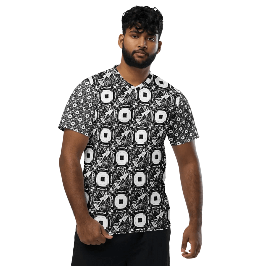 Abstract Black and White Triangles with Squares Unisex V Neck Sports Jersey product image (5)