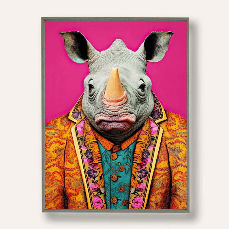 Maximalist Animal Fashion Art DIGITAL Print Set of 6 ~ Frog, Giraffe, Axolotl, Snail, Rhino, Peacock ~ product image (9)