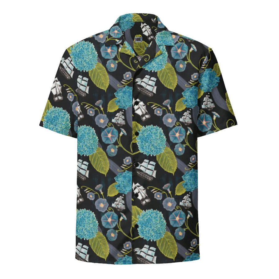 Women's | Seafarer’s Bloom | Tall Ships & Blue Hydrangeas Hawaiian Shirt – Nautical & Bold product image (2)