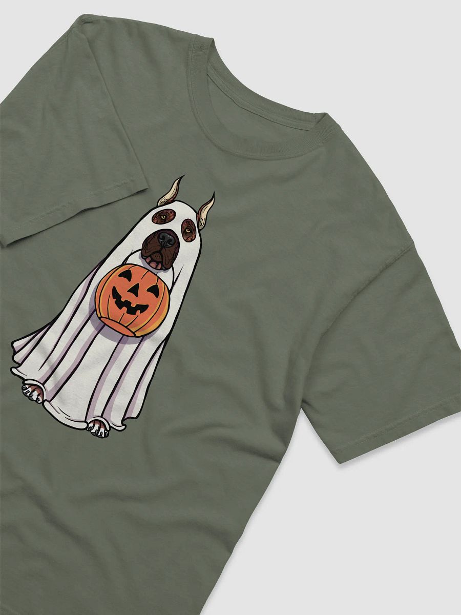 Funny Halloween Great Dane(Cropped Ears, Brindle) T-Shirt | Funny Great Dane Wearing a Ghost Costume and Holding a Pumpkin Basket product image (6)