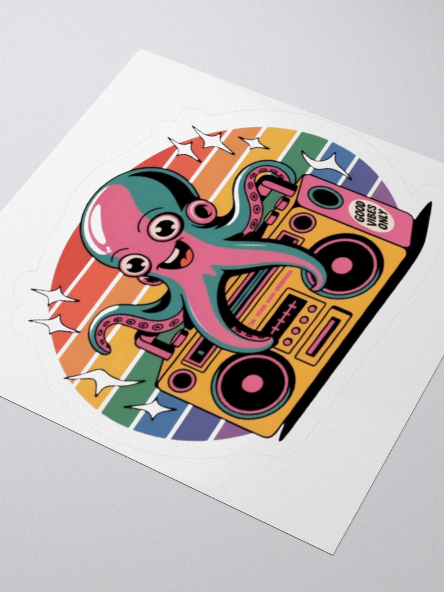 Retro 80s Octopus on Boombox Sticker - Good Vibes Only - Vibrant Rainbow Design product image (9)
