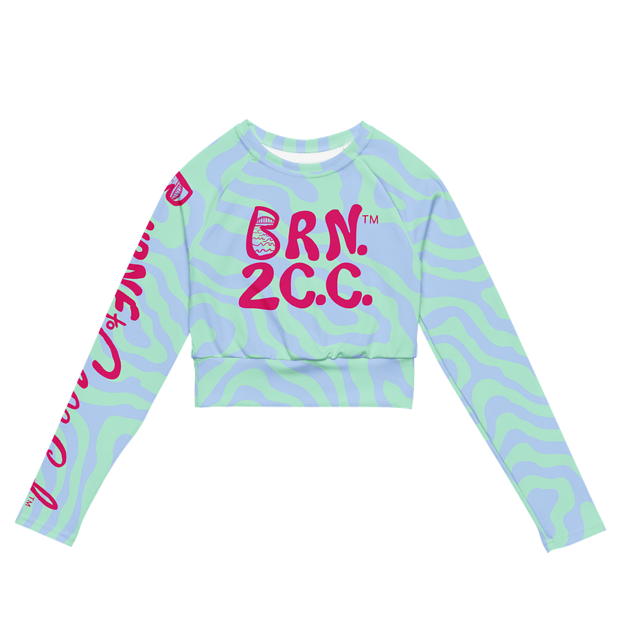 BOURNE to Cape Cod™ Crop Top | BRN.2C.C.™ Coastal Bold | Recycled Long Sleeve Statement Wear 🌊💃☀️ | Vibrant Pink Logos on Pastel Zebra product image (2)