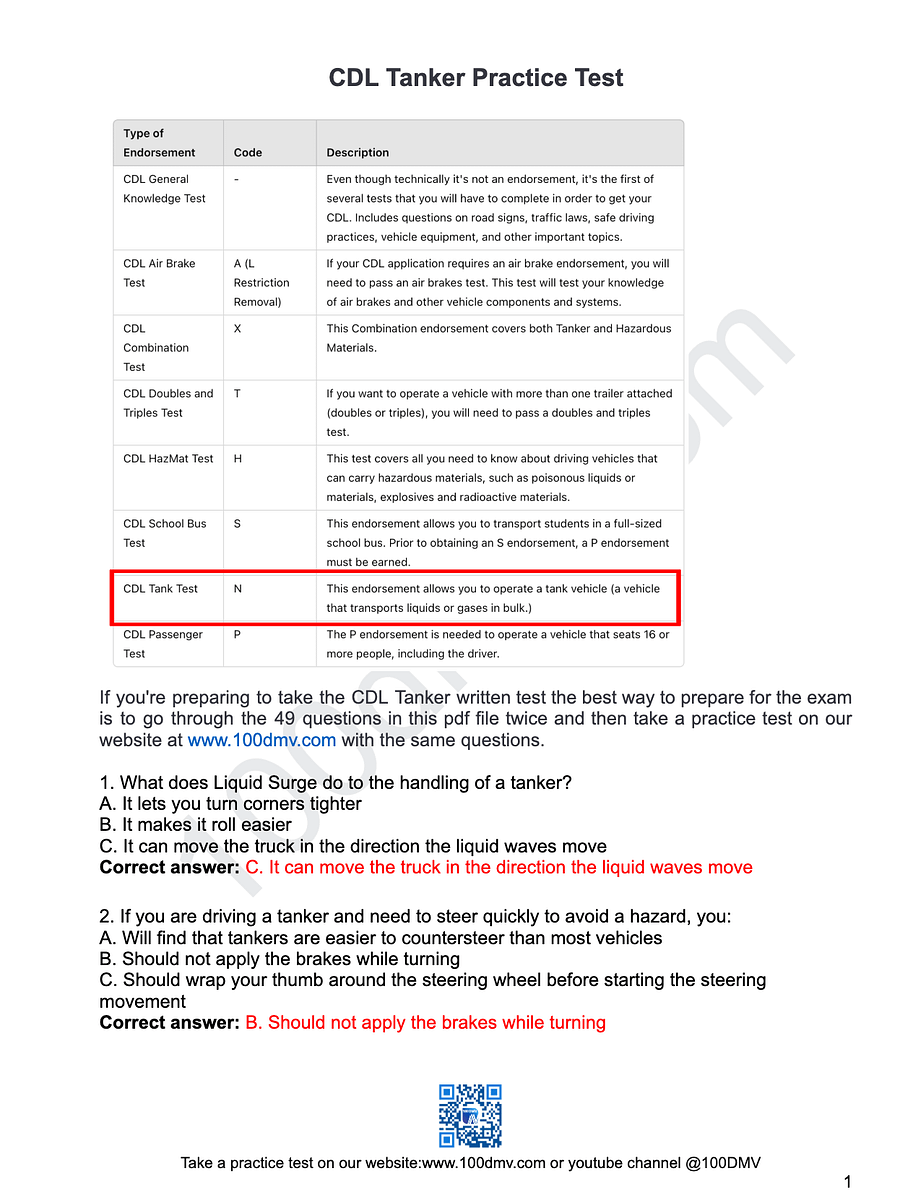 CDL Tanker Practice Test (PDF-file) product image (2)