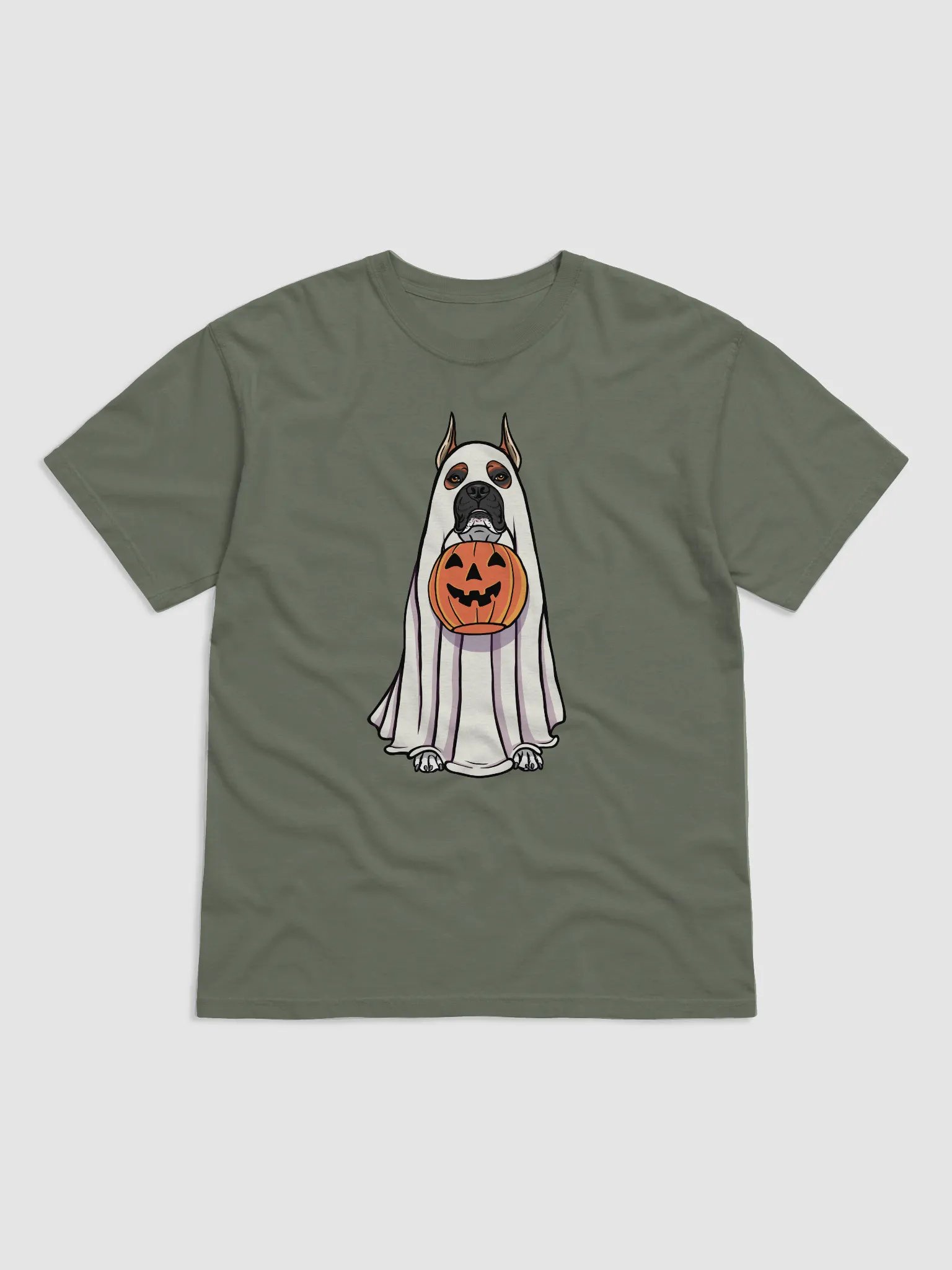 Funny Halloween Boxer Dog(Cropped Ears, Black Mask) T-Shirt | Funny Boxer Wearing a Ghost Costume and Holding a Pumpkin Basket product image (8)
