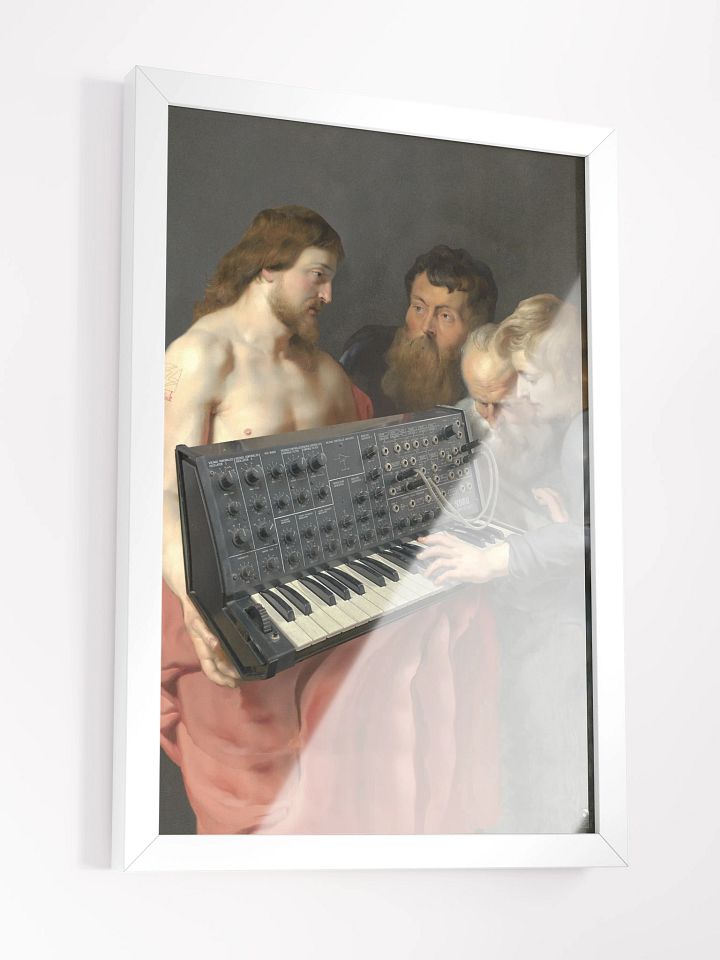 He died for our synths, by Frank Fonik (Japanese Korg MS 20), Techno EDM Framed High Quality Matte Poster product image (1)