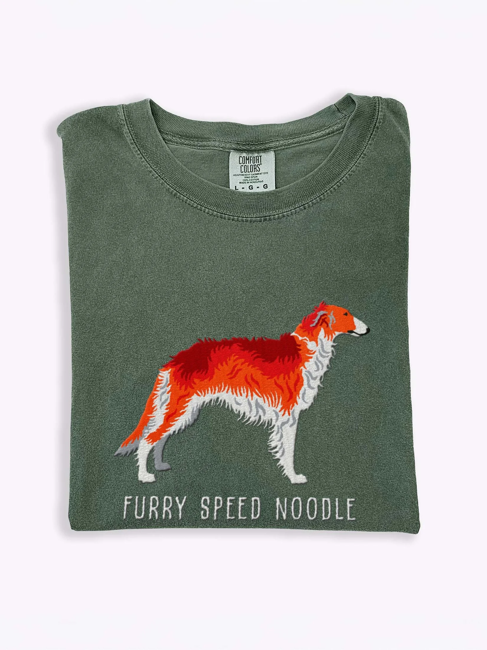 Furry Speed Noodle T-Shirt(Embroidered) of a Borzoi(Red & White) product image (1)