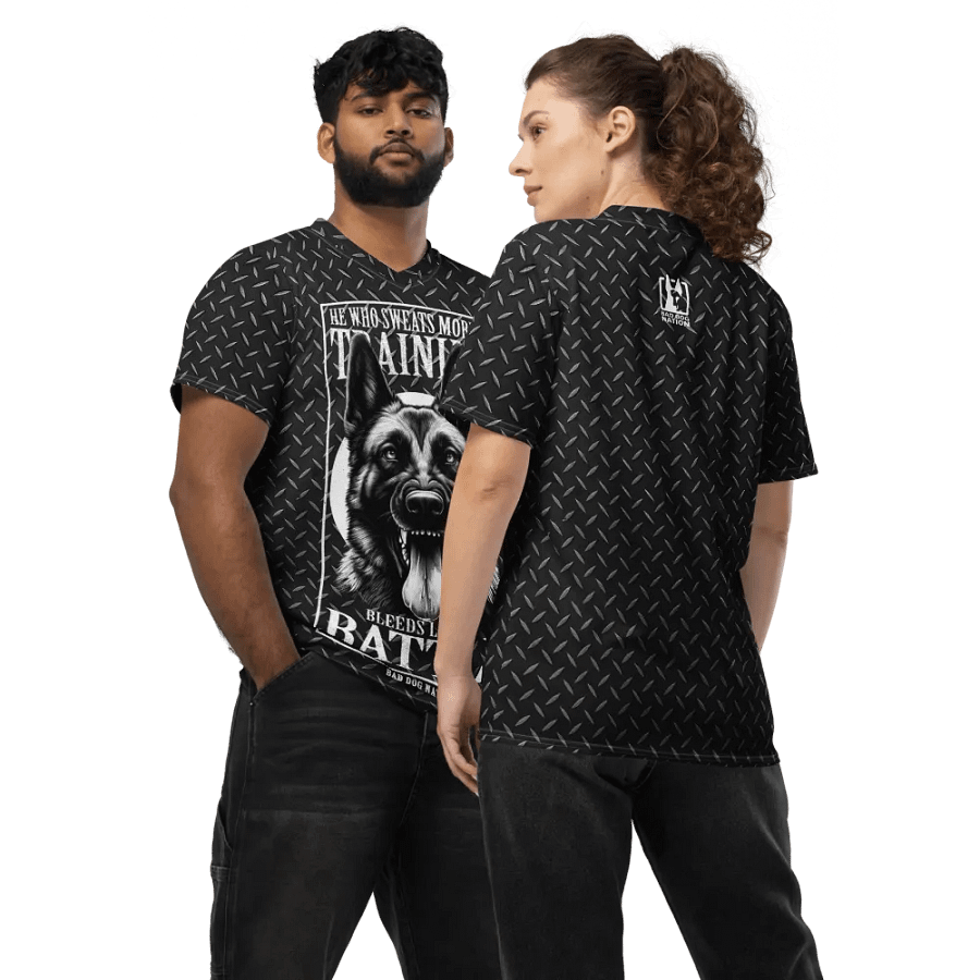 He Who Sweats More in Training Bleeds Less in Battle - Recycled unisex sports jersey product image (7)