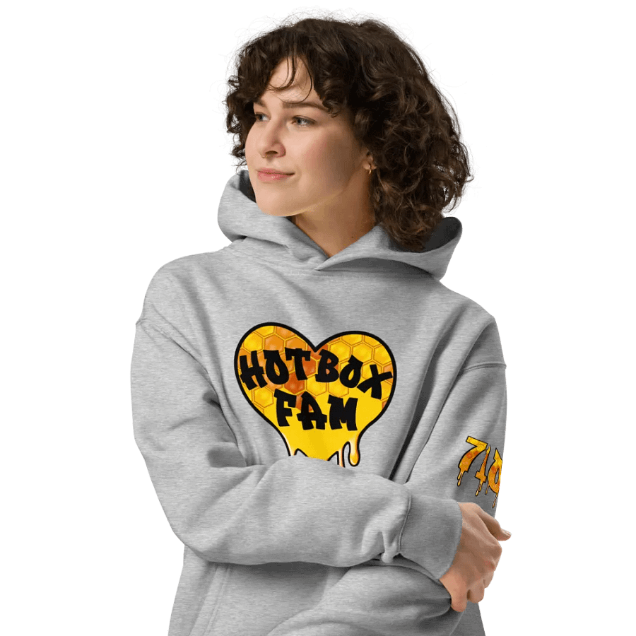 UNISEX HOT BOX FAM GOLD LOGO WITH JFLOW 710 EMOTE ON SLEEVE HOODIE product image (34)
