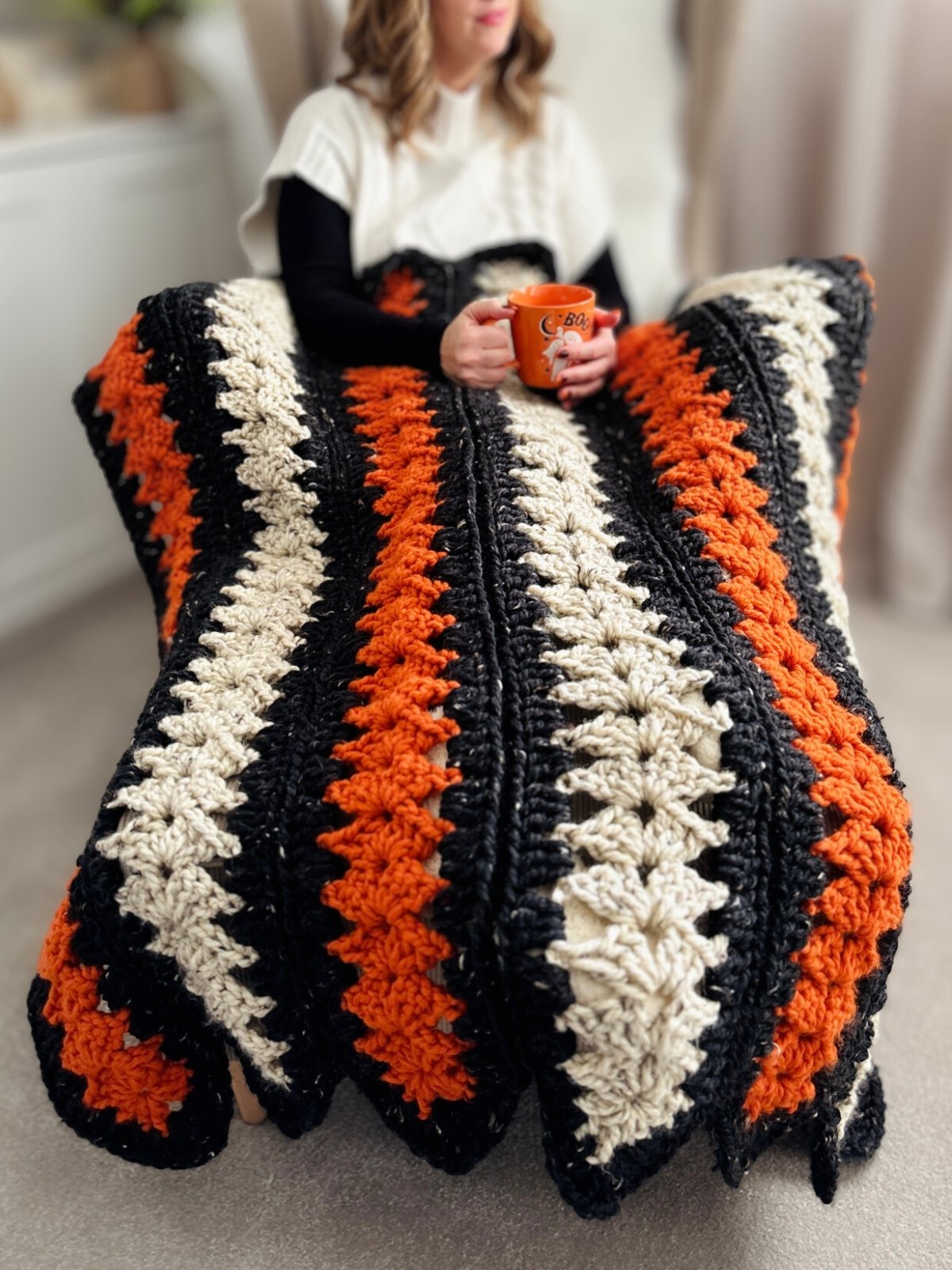 Spooky Strips Mile-a-Minute Crochet Blanket Pattern | Easy Super Chunky Throw Blanket for Beginners | Halloween Afghan PDF product image (2)