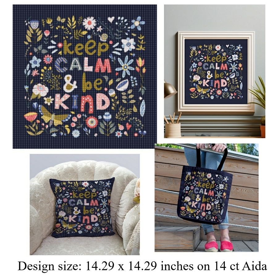 Keep Calm & Be Kind | Whimsical Flowers | Butterfly & Flowers Printable Cross Stitch Pattern for Child's Room product image (1)