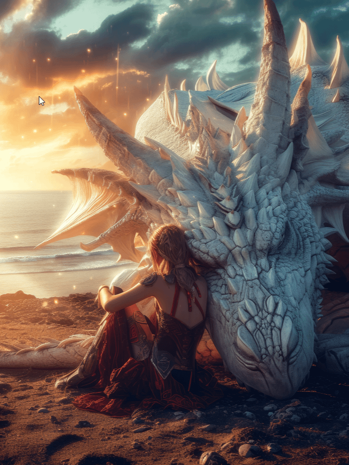 Girl and her dragon on the beach at sunset 01 - Digital download product image (1)