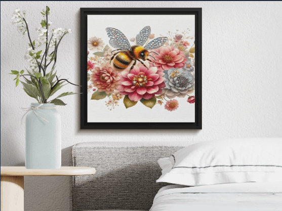Crystal Bee on Blooming Flowers - Elegant Nature Art Print product image (1)