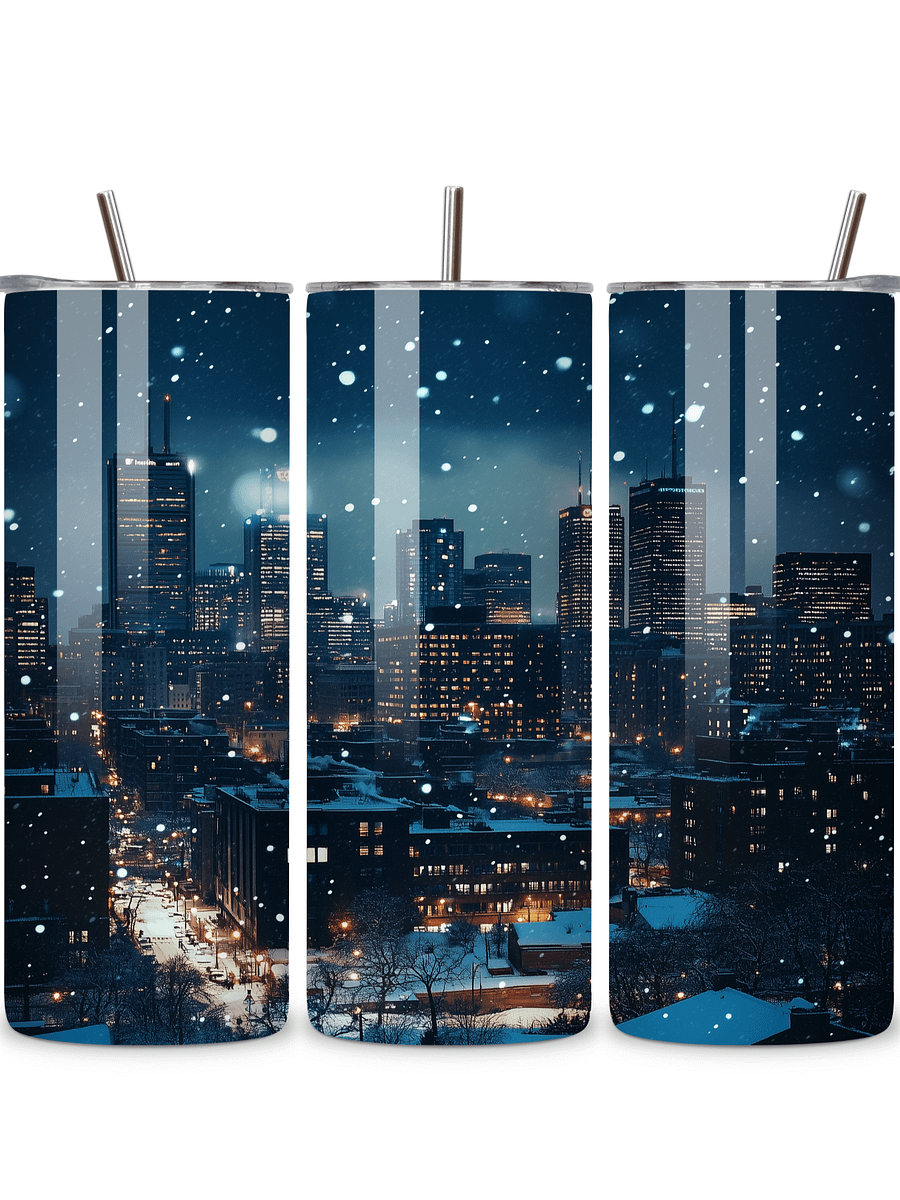 Winter City Skyline 20oz Skinny Tumbler with Metal Straw – Elegant Snowfall and Urban Design – Double-Walled Insulated Stainless Steel Tumbler, Great for City and Winter Lovers product image (1)