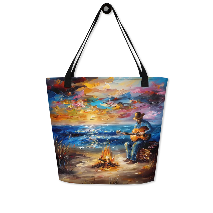 Tote Bag: Musician with Guitar Beach Sunset Weekend Getaway Vibrant Art Style Design product image (7)