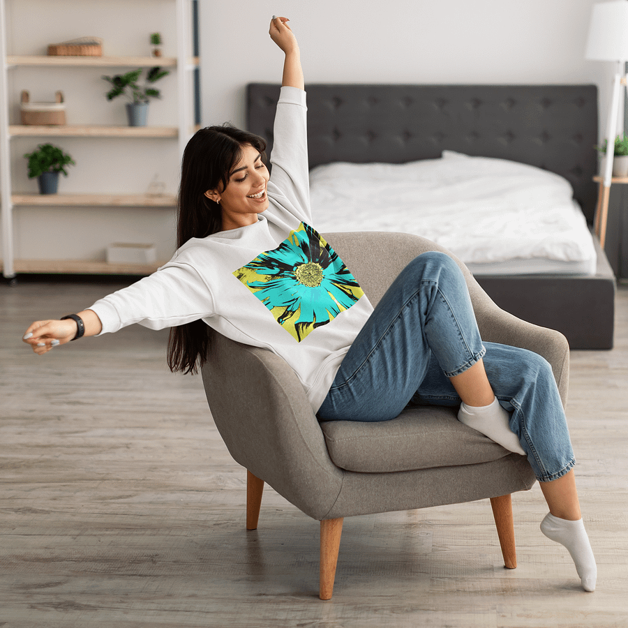 Abstract Yellow, Turquoise and Black Daisy Flower Ladies Crew Neck Sweatshirt product image (9)