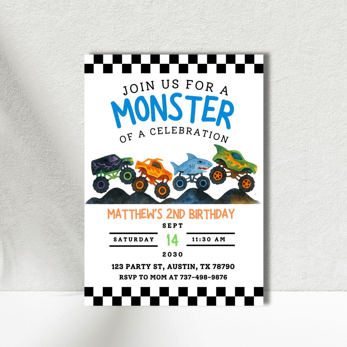 Monster Truck Birthday Invitation | Editable Canva Template | Boys 2nd Birthday Invite | Monster Jam Party | Watercolor Trucks Theme product image (5)