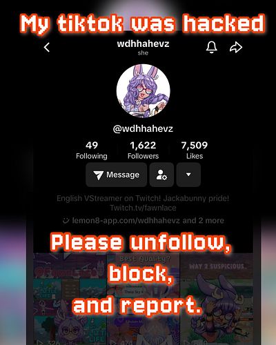 My TikTok has been hijacked. I know it’s weird to announce it on Insta but I just don’t want anyone to get mixed up in it. 
😰