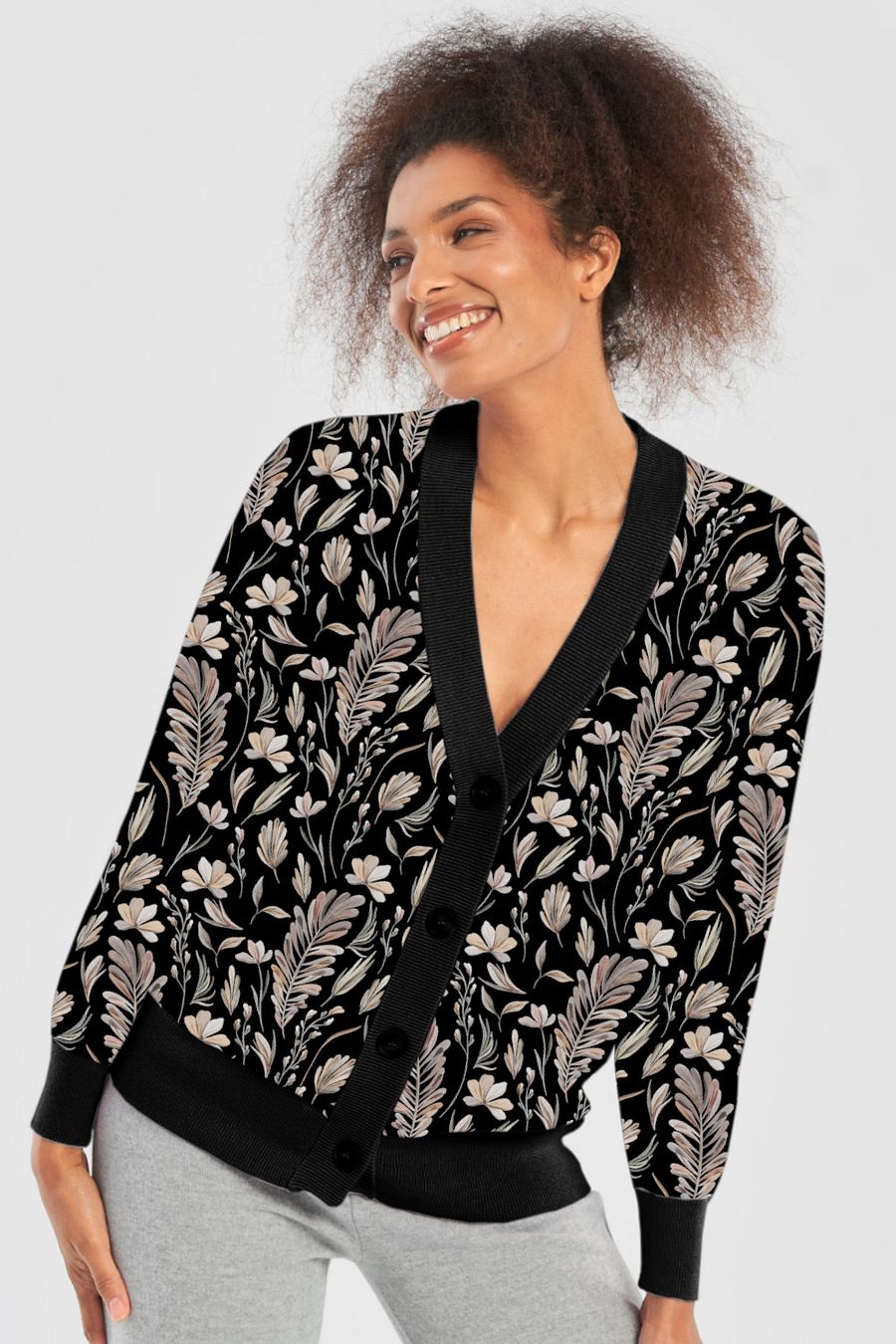 Grey Brown Leaf Cardigan Sweater product image (9)