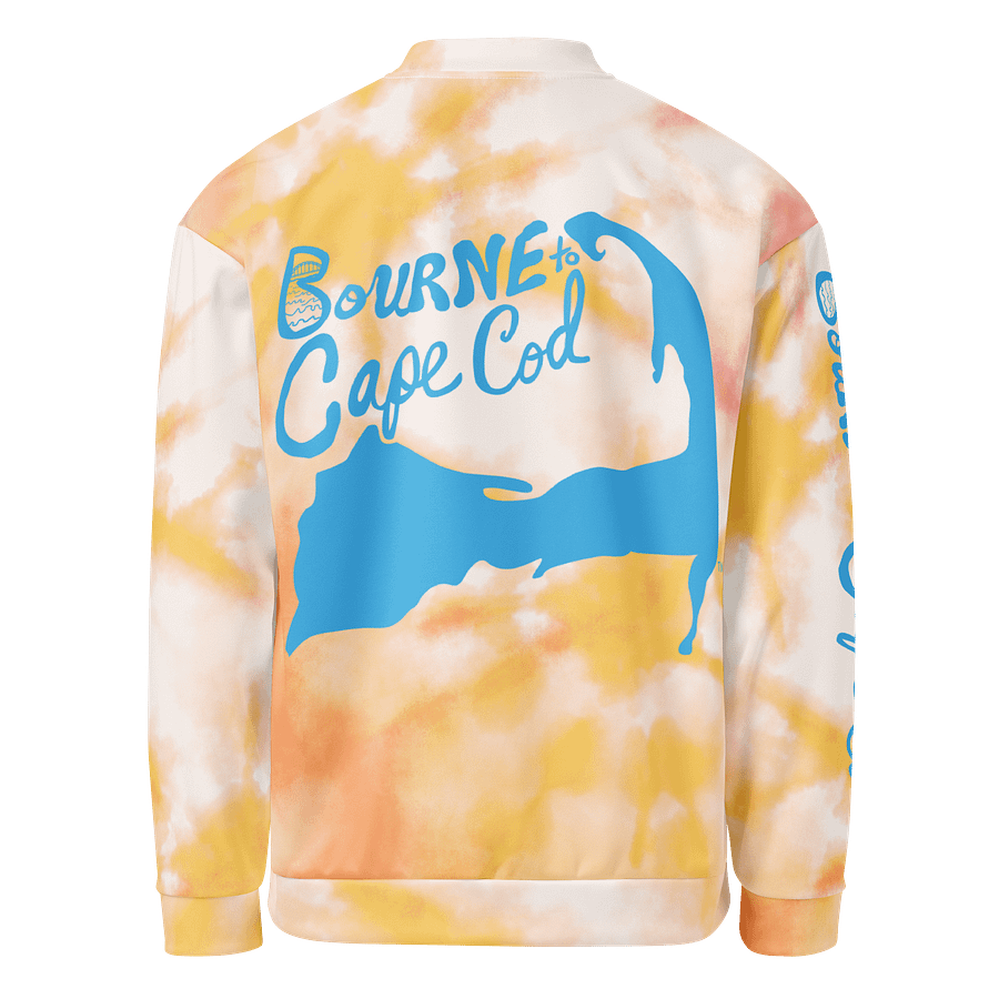 All-Over Print Bomber Jacket | Coastal Cool, City Bold | BOURNE to Cape Cod™ + BRN.2C.C.™ Style | Deep Sky Blue Logos on Orange Tie-Dye product image (2)