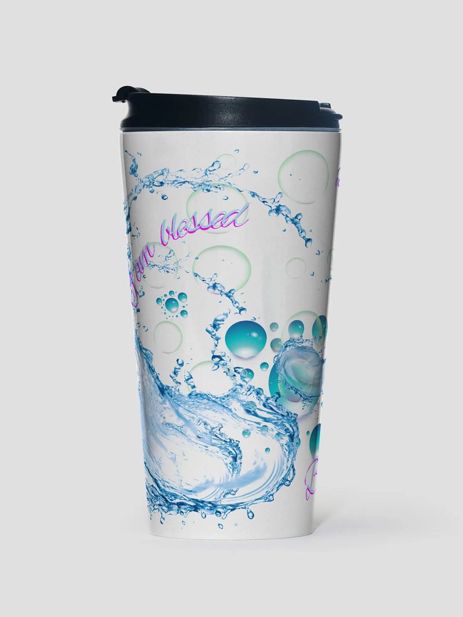Camelback water bottle with beautiful swirly blue water splash and drops design featuring “ I am blessed’ product image (1)