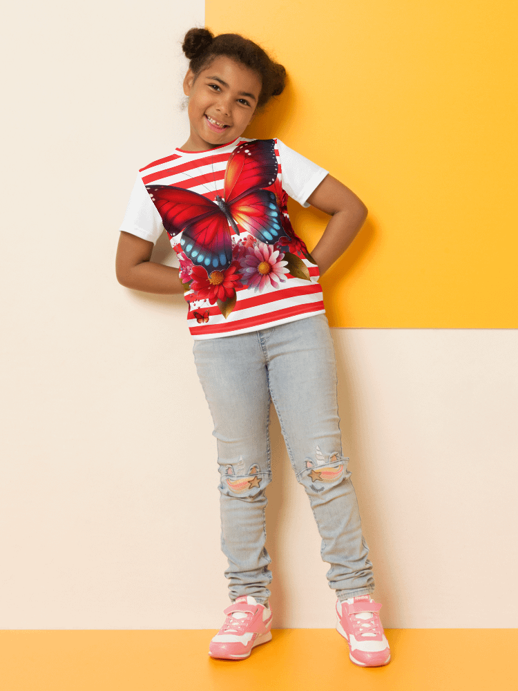 Vibrant Butterfly Paradise Red Stripped Unisex Tee product image (4)