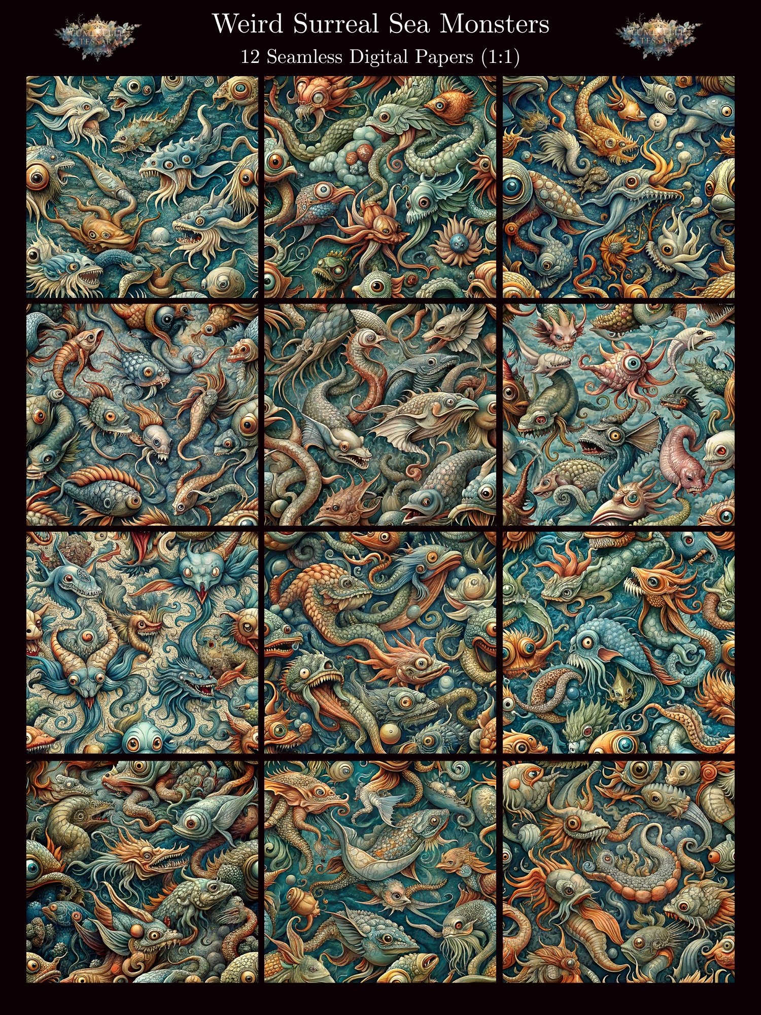 Weird Surreal Sea Monsters – Seamless Digital Papers product image (1)