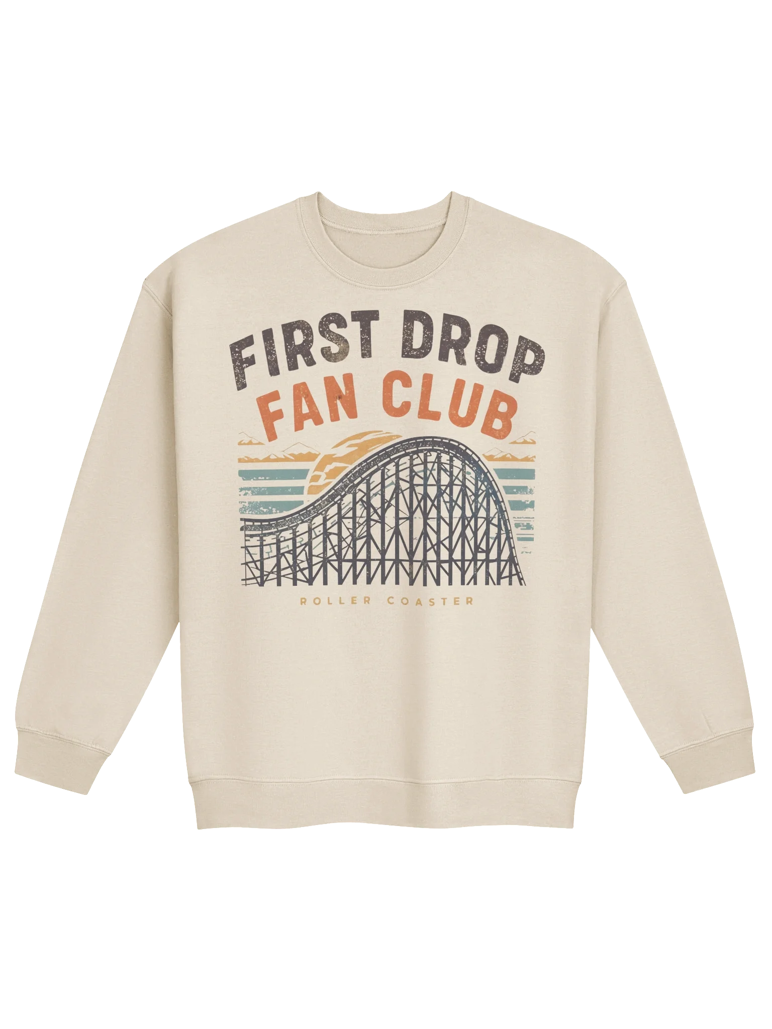First Drop Fan Club – Retro Wooden Roller Coaster Sunset Sweatshirt product image (1)