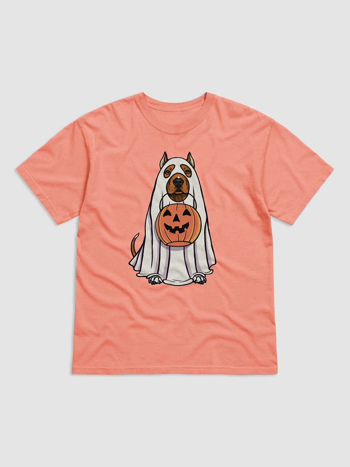 Funny Halloween Pitbull Terrier(Cropped Ears, Red) T-Shirt | Funny Pittie Wearing a Ghost Costume and Holding a Pumpkin Basket product image (1)
