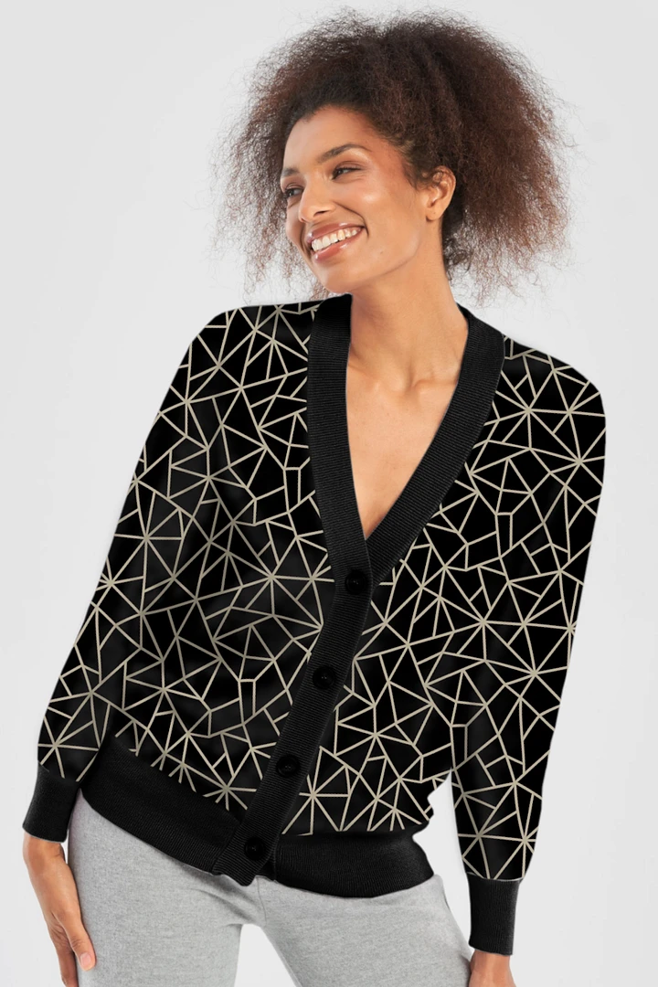 Beige Black Geometric Pattern Cardigan Sweater product image (9)