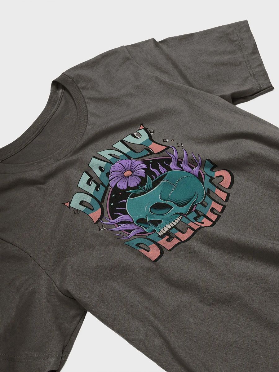 “DEADLY DELIGHTS” t-shirt, Skull design t-shirt, Halloween themed shirt, Unique Halloween outfit, Daring fashion statement, Floral skull shirt, Halloween party attire, gift idea product image (3)