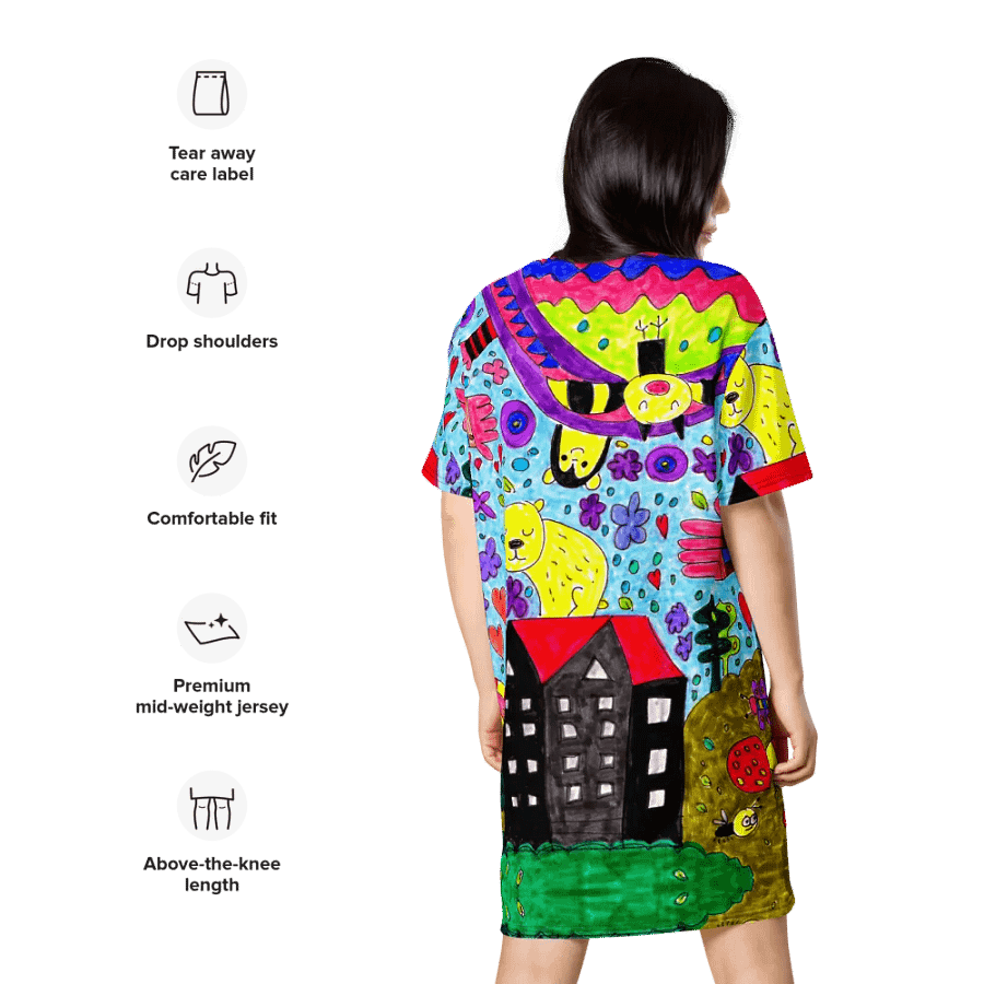 Abstract Vibrant Doodle Characters Ladies T Shirt Dress product image (11)