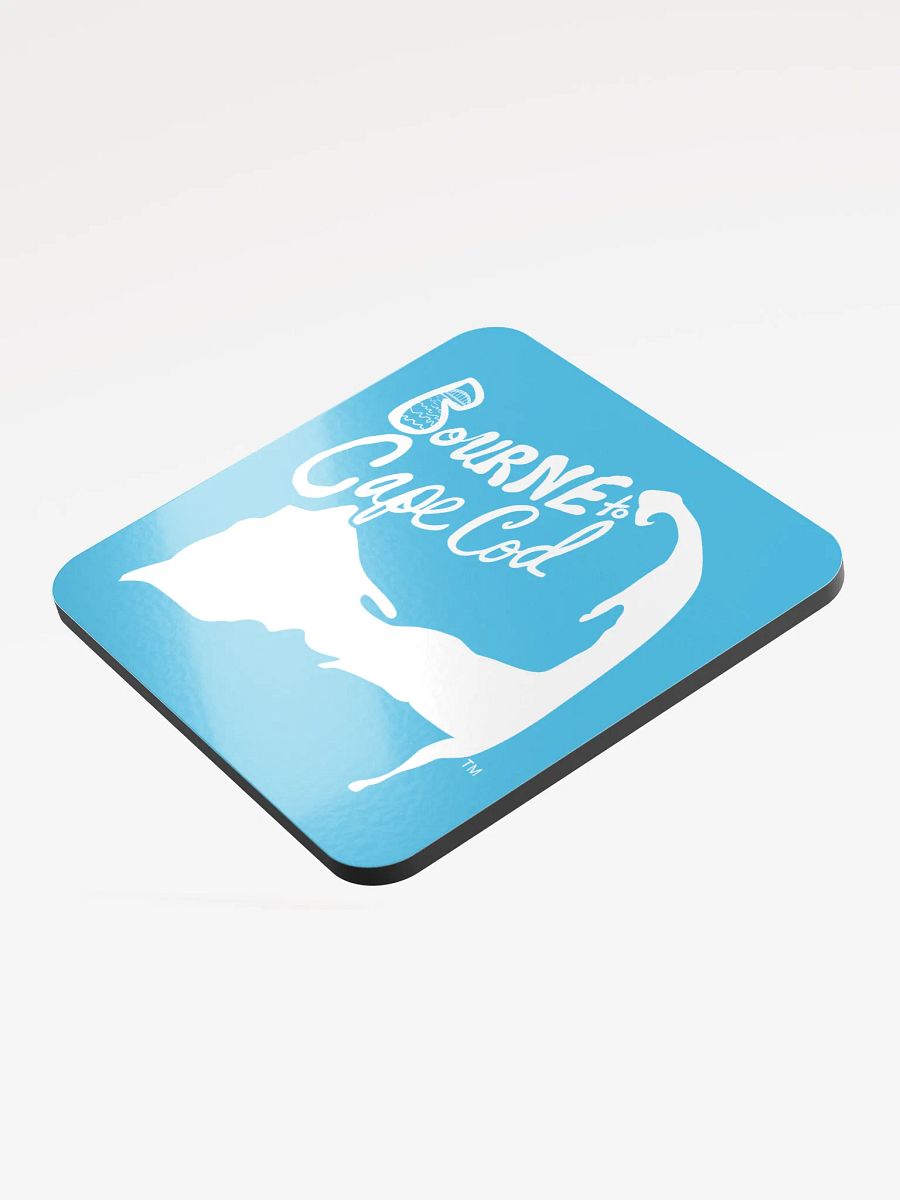 BOURNE to Cape Cod™ | Coastal Coaster | Glossed Cork | Eco-Friendly | Minimalist Coastal Decor | 3.74" Square | White Logo on Deep Sky Blue product image (3)