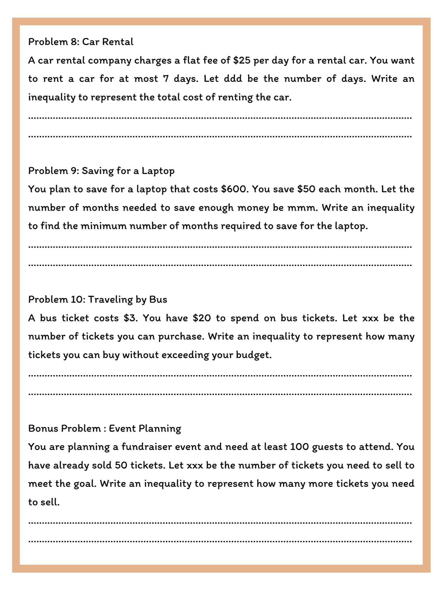 Inequality Word Problems Worksheet with Answer Key product image (3)