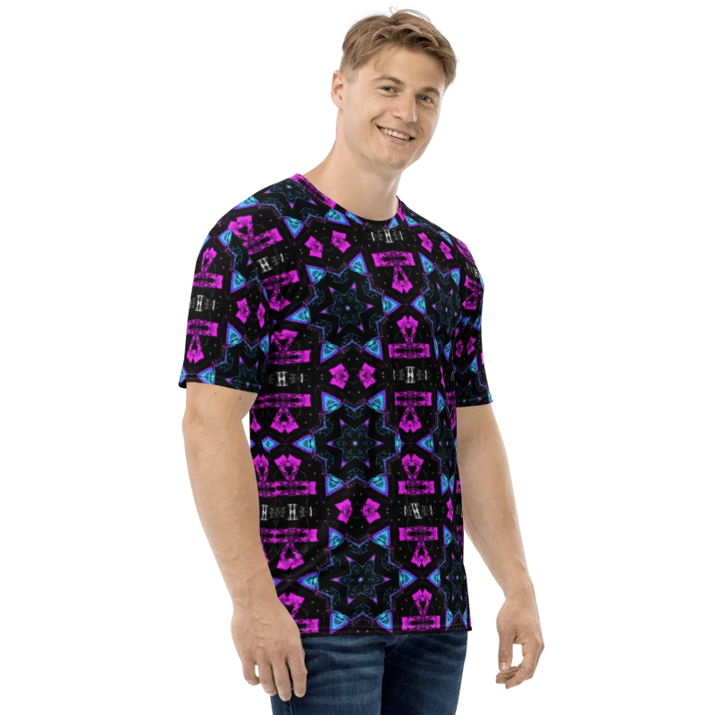 Abstract Pink, Turquoise and Black Repeating Star Pattern Men's T Shirt product image (1)