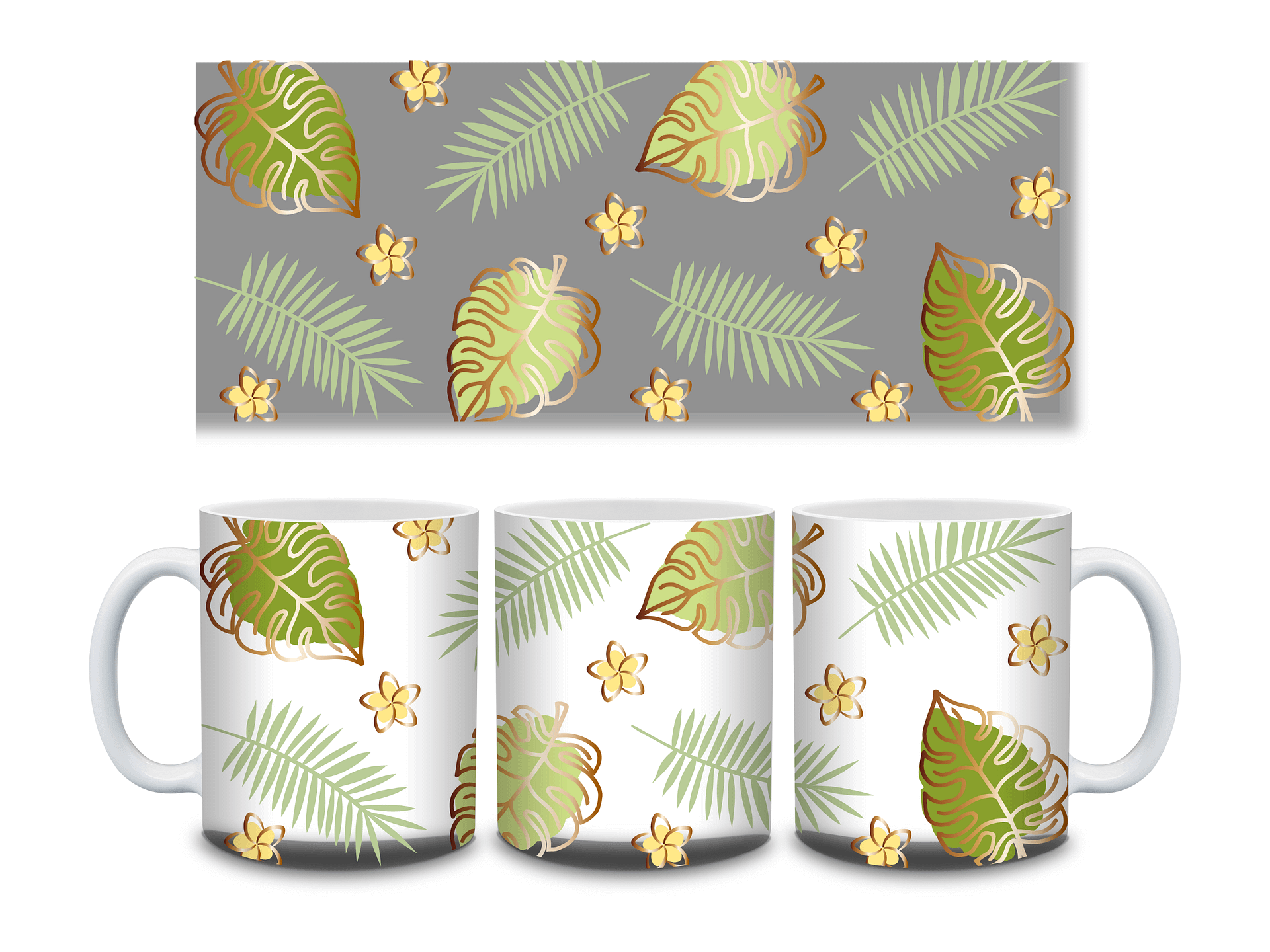 (Gold Border) Tropical Leaves and Flowers 11oz Coffee Mug – Nature-Inspired Ceramic Cup with Monstera and Floral Design – Perfect Gift for Plant Lovers product image (3)