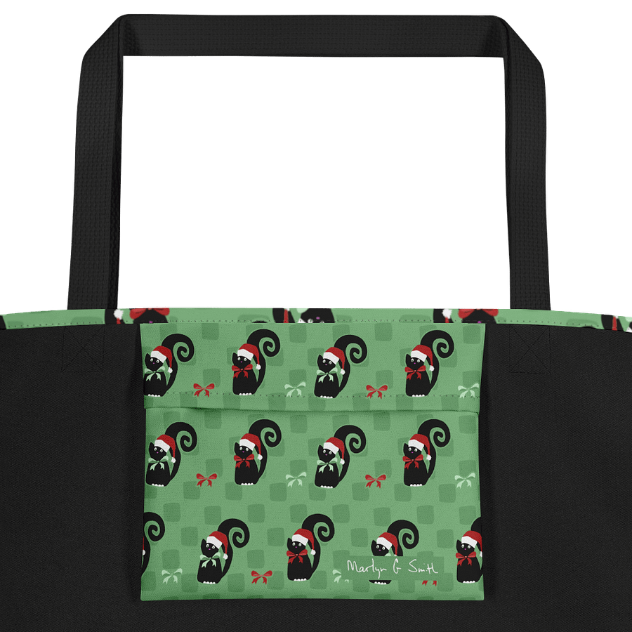 Black Christmas Kitties On Mint Green Checkerboard – Large Tote Bag product image (2)