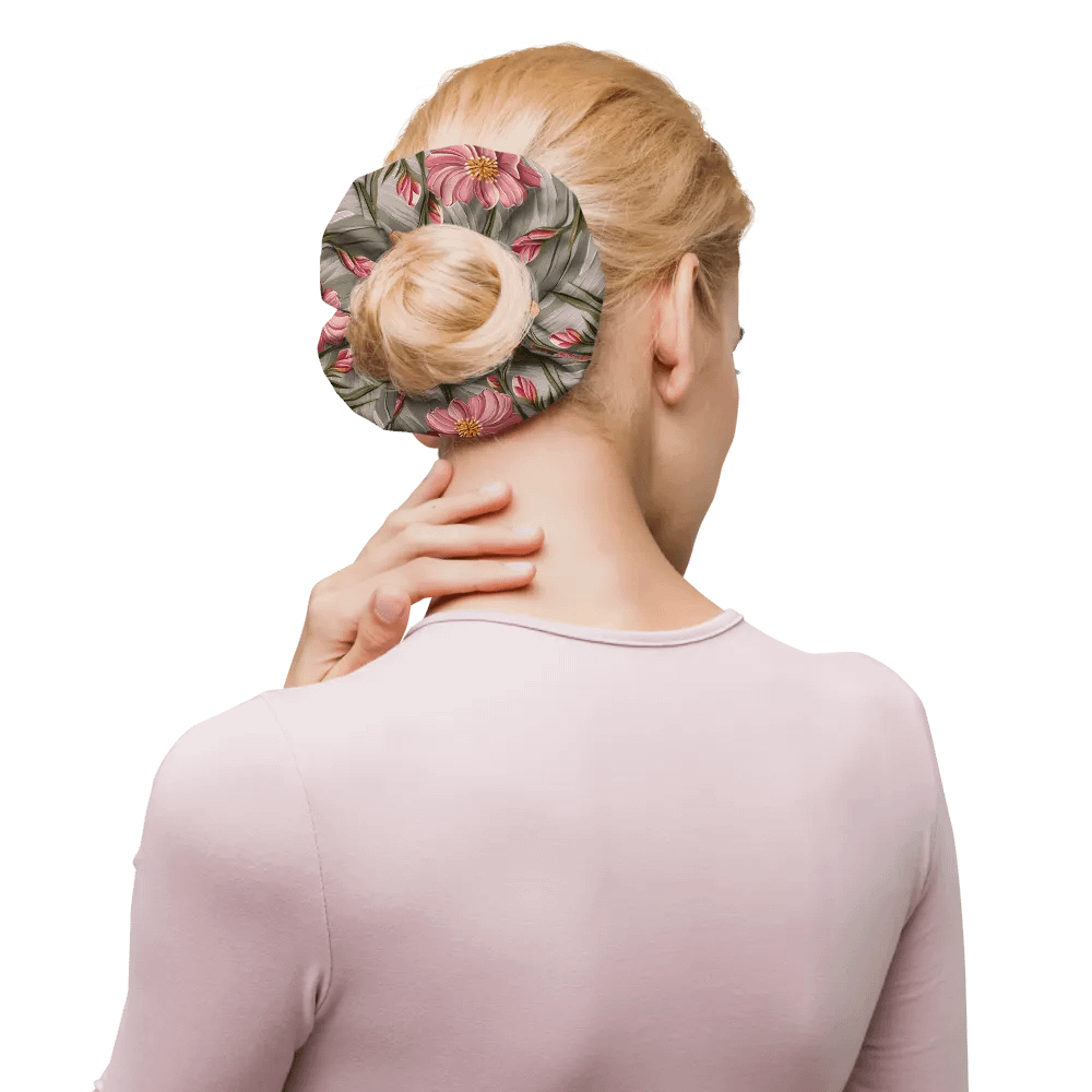 Hair Scrunchie - Painted Flowers in Shades of Yellow and Pink on a Textured Khaki Background product image (10)